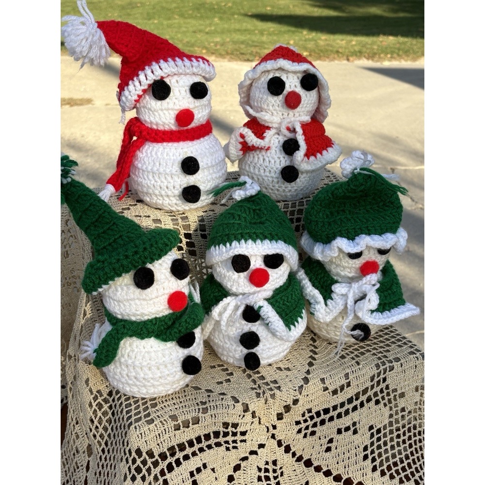 Set Of 5 Vintage Handmade Crocheted Snowman Styrofoam Holidays Christmas 7" Cute